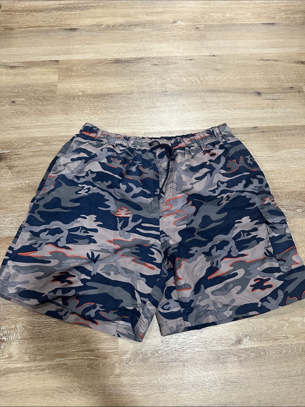 Men's Camo Print Elastic Waist Swim trunks with liner - Grey & Navy